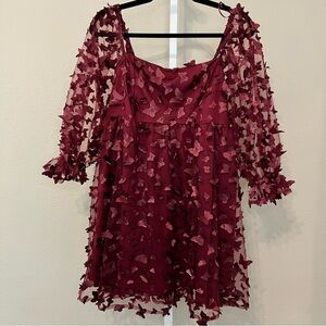 Kenedik Burgundy Dress with Butterfly Appliqué